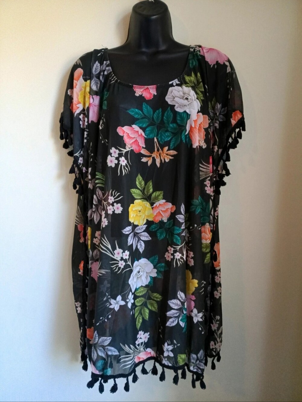 Black Floral Swimsuit Coverup With Tassles Semi sheer One Size